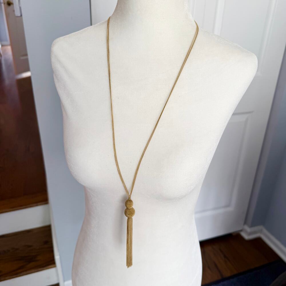 Gold tone vintage style bauble tassel chain fringe adjustable necklace